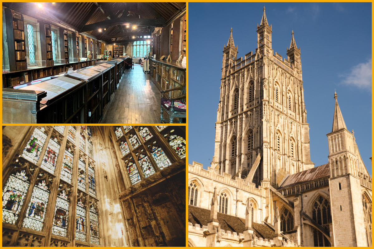 Image collage of Gloucester Cathedral Library and interior and exterior shots of Gloucester Cathedral.